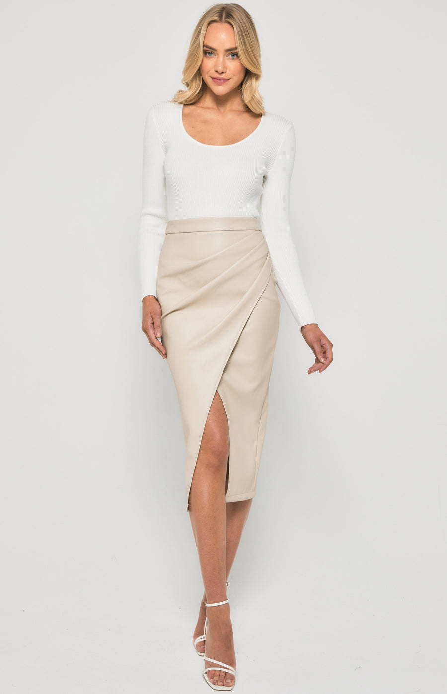 aux Leather Midi Skirt with Side Pleated Details