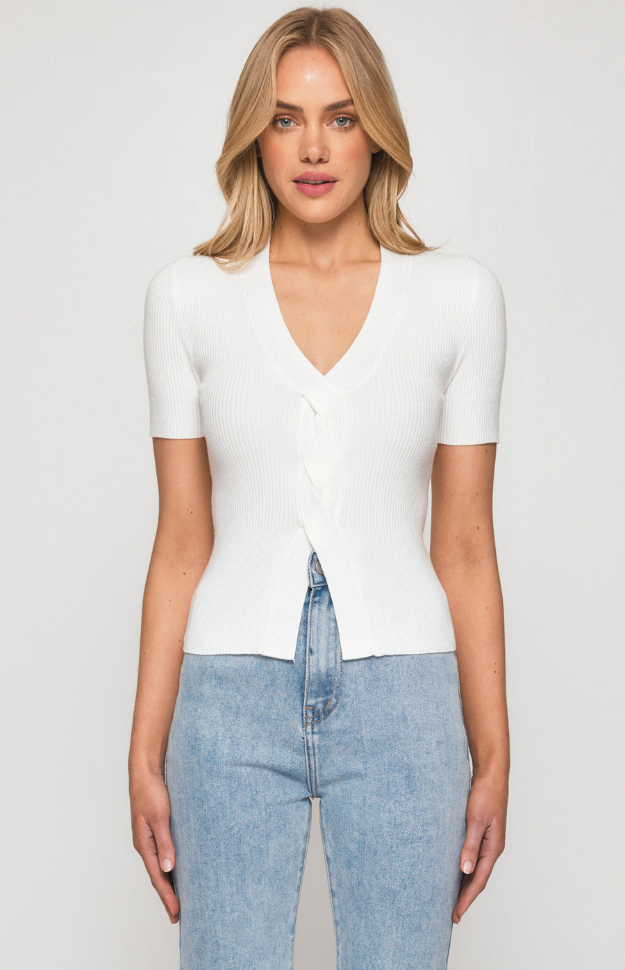 Knit Top with Front Plait Detail- White